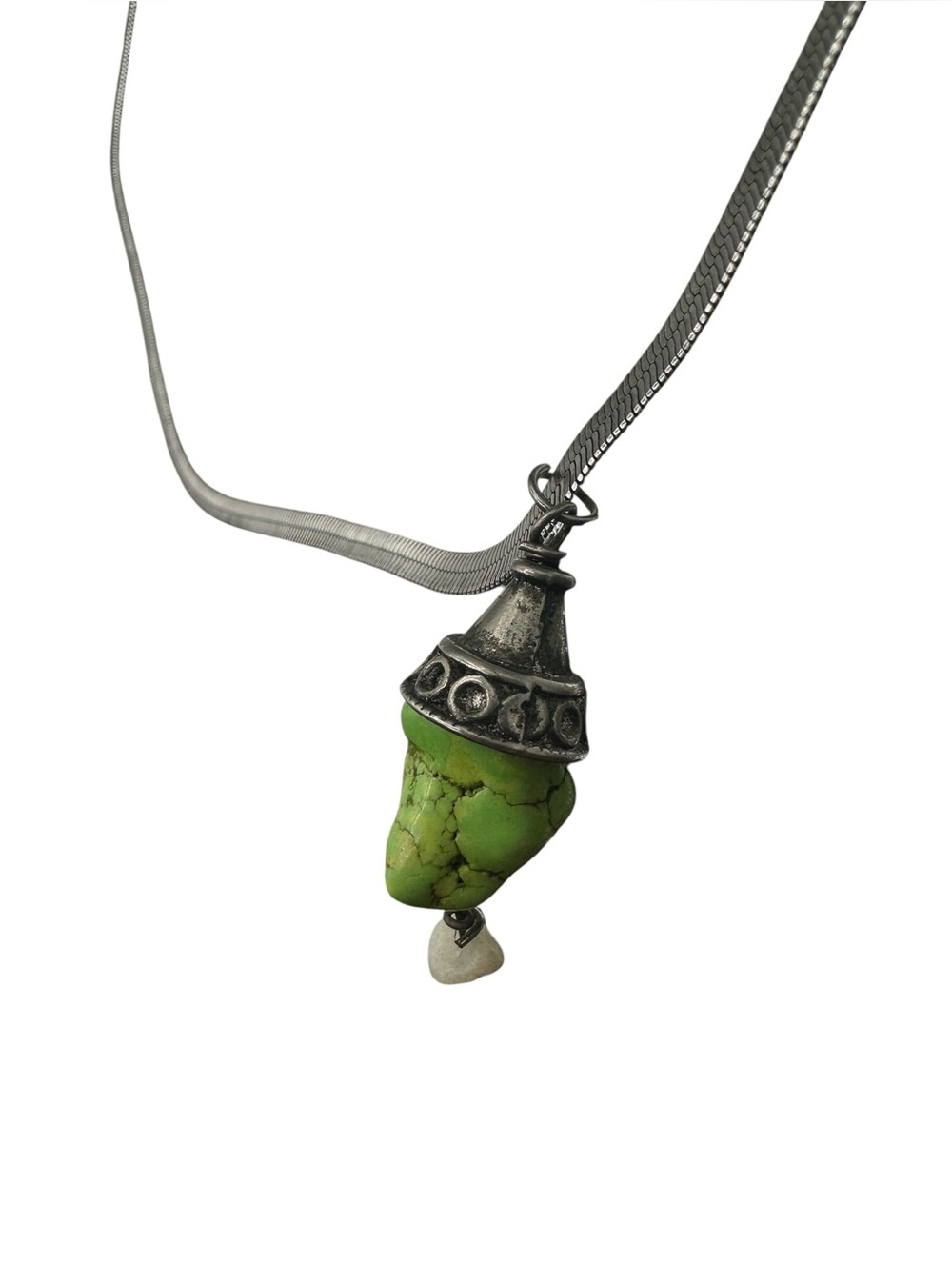 Silver-Tone Green Turquoise Pendant Necklace - Unbranded
